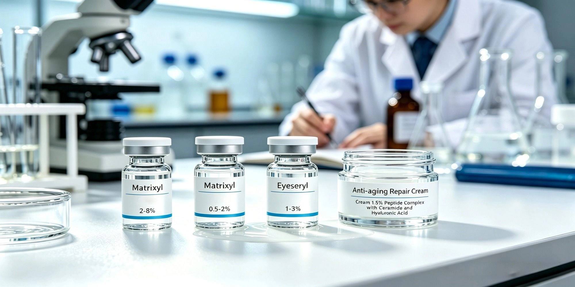 Matrixyl peptide ingredient vial for anti-aging serums, similar to peptides used in luxury skincare brands, OEM formulation raw material